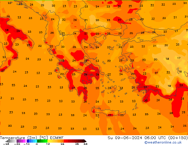 Temperatuurkaart (2m) ECMWF zo 09.06.2024 06 UTC