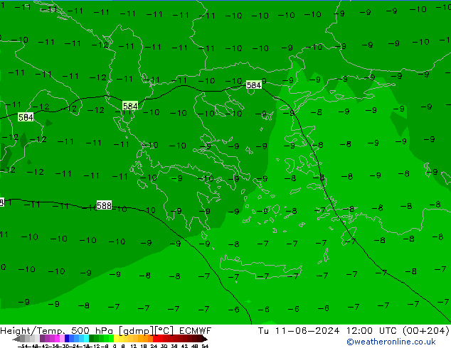 Z500/Rain (+SLP)/Z850 ECMWF Út 11.06.2024 12 UTC