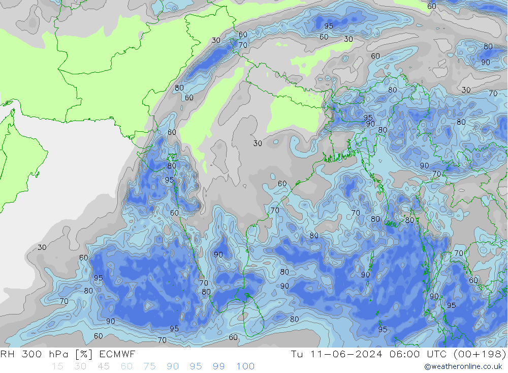 RH 300 hPa ECMWF Tu 11.06.2024 06 UTC