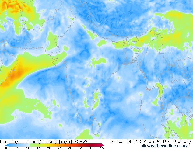 Deep layer shear (0-6km) ECMWF Mo 03.06.2024 03 UTC