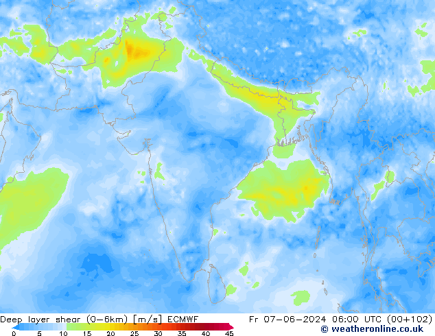 Deep layer shear (0-6km) ECMWF Pá 07.06.2024 06 UTC