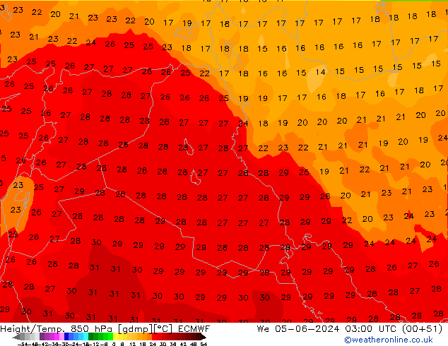 Height/Temp. 850 hPa ECMWF śro. 05.06.2024 03 UTC