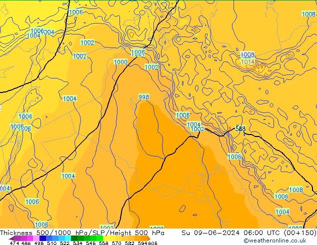 Schichtdicke 500-1000 hPa ECMWF So 09.06.2024 06 UTC