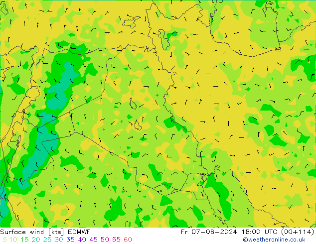 wiatr 10 m ECMWF pt. 07.06.2024 18 UTC