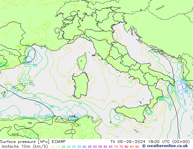 Isotachs (kph) ECMWF  06.06.2024 18 UTC