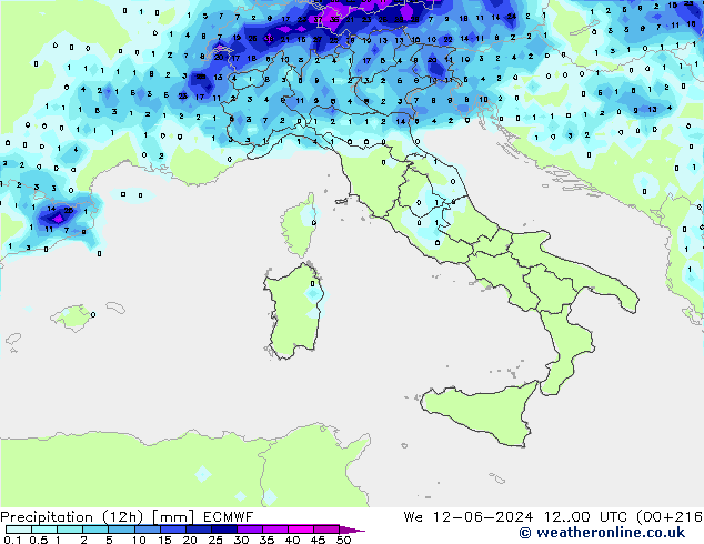 Precipitation (12h) ECMWF We 12.06.2024 00 UTC