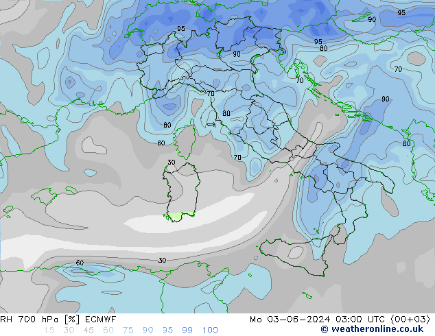 Humidité rel. 700 hPa ECMWF lun 03.06.2024 03 UTC