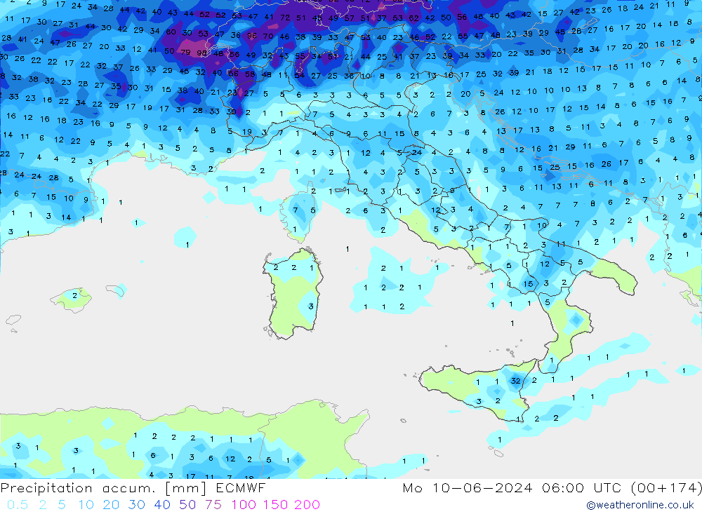 Precipitation accum. ECMWF Mo 10.06.2024 06 UTC