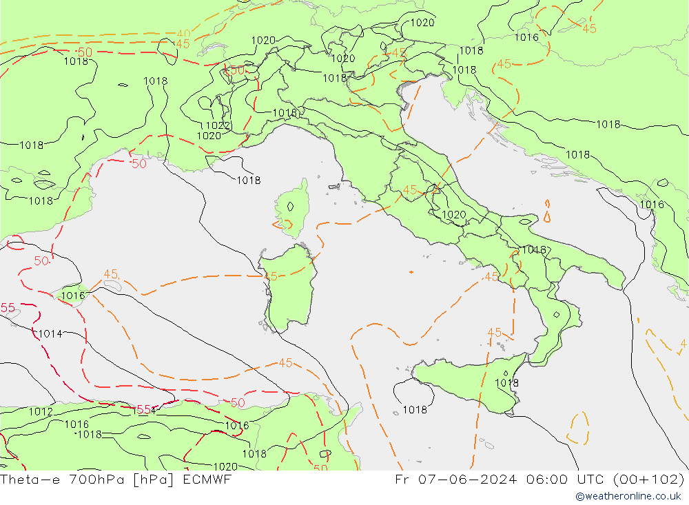 Theta-e 700hPa ECMWF ven 07.06.2024 06 UTC