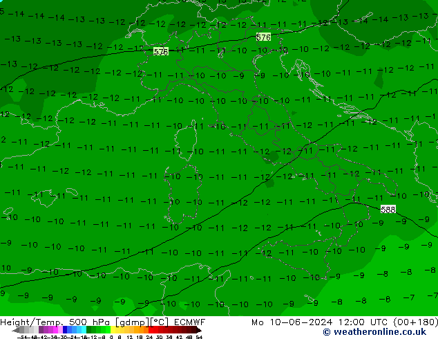 Z500/Yağmur (+YB)/Z850 ECMWF Pzt 10.06.2024 12 UTC