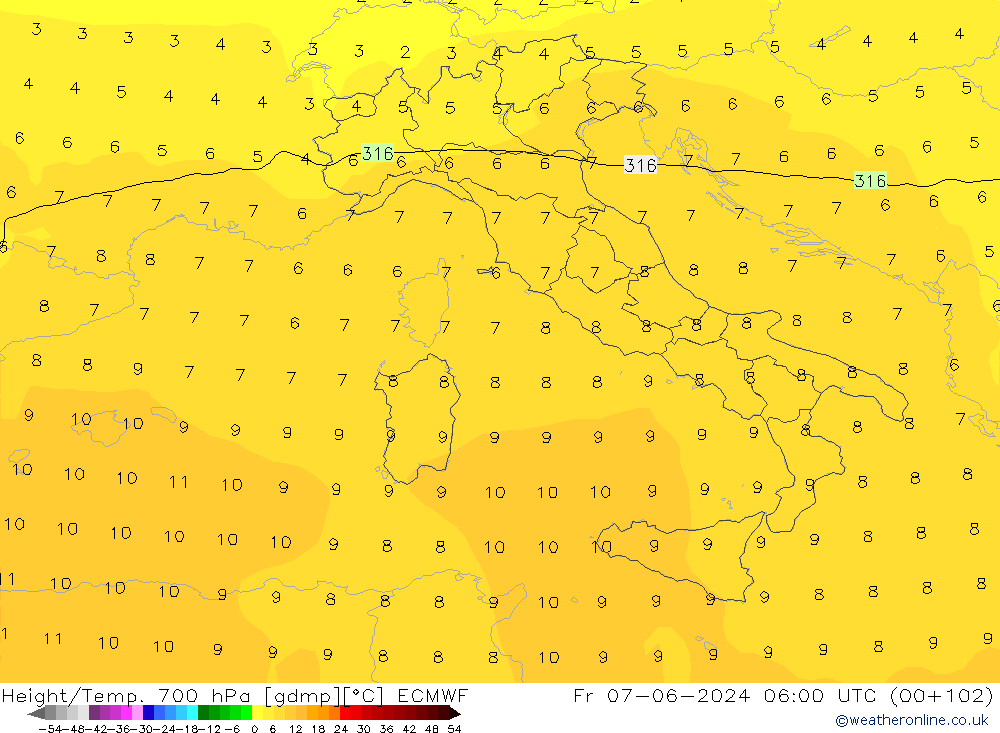 Height/Temp. 700 hPa ECMWF Sex 07.06.2024 06 UTC