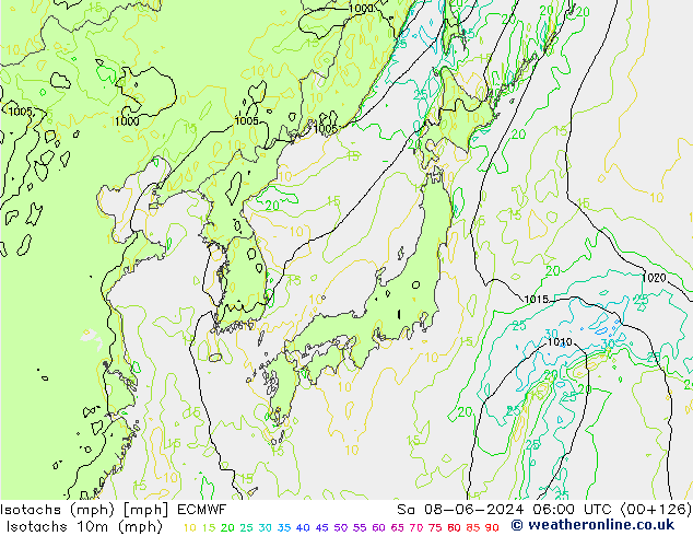 Izotacha (mph) ECMWF so. 08.06.2024 06 UTC