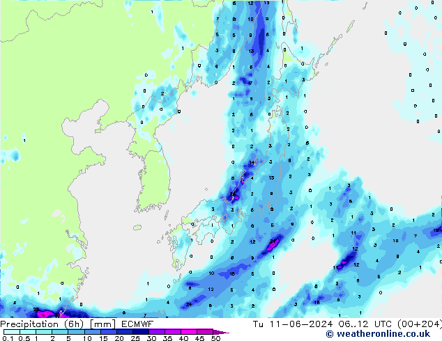 Precipitation (6h) ECMWF Tu 11.06.2024 12 UTC