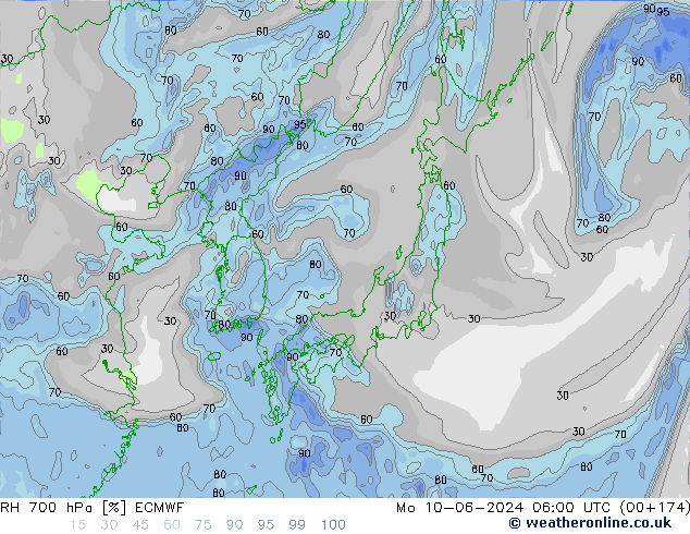 Humidité rel. 700 hPa ECMWF lun 10.06.2024 06 UTC