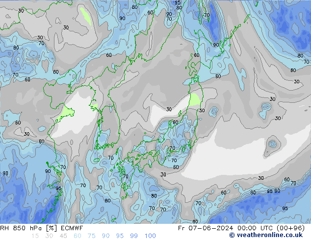 RH 850 hPa ECMWF ven 07.06.2024 00 UTC