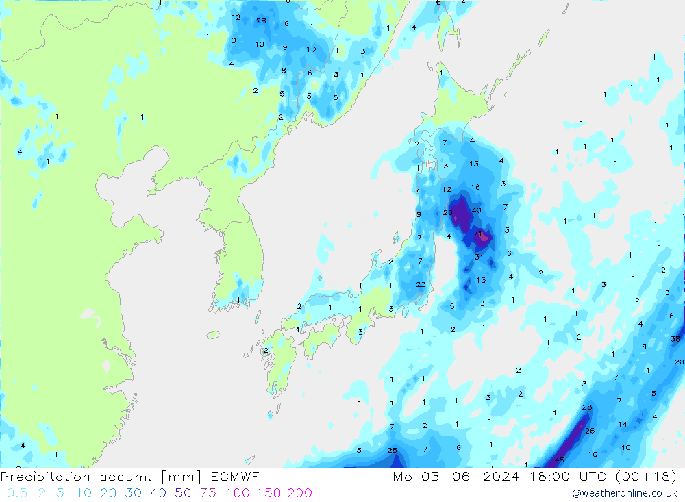 Precipitation accum. ECMWF пн 03.06.2024 18 UTC
