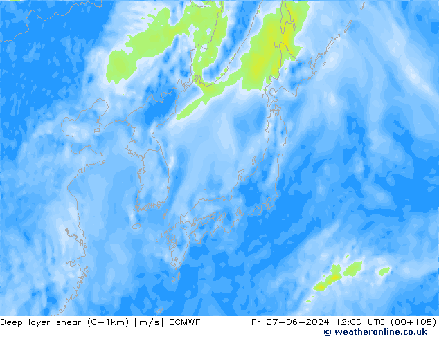 Deep layer shear (0-1km) ECMWF Sex 07.06.2024 12 UTC