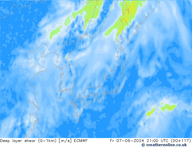 Deep layer shear (0-1km) ECMWF vr 07.06.2024 21 UTC