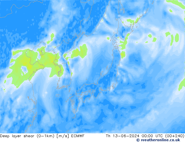 Deep layer shear (0-1km) ECMWF Per 13.06.2024 00 UTC