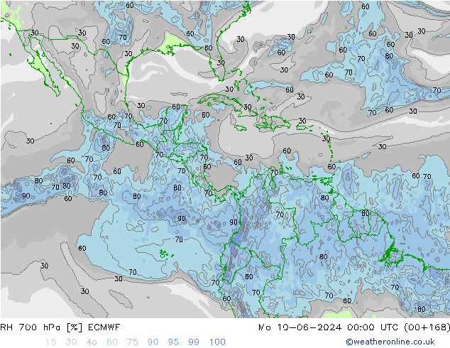 RH 700 гПа ECMWF пн 10.06.2024 00 UTC