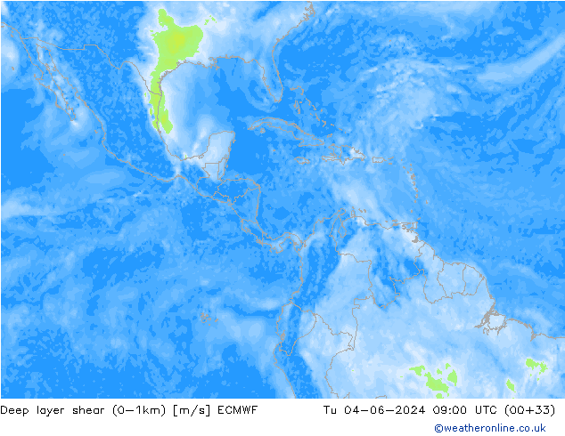 Deep layer shear (0-1km) ECMWF Ter 04.06.2024 09 UTC