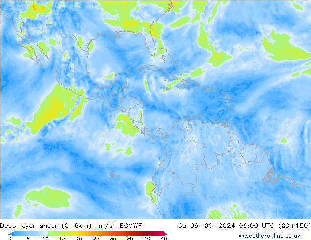 Deep layer shear (0-6km) ECMWF dom 09.06.2024 06 UTC