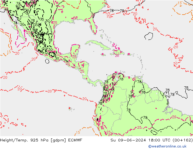 Height/Temp. 925 hPa ECMWF Su 09.06.2024 18 UTC