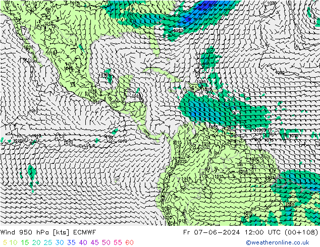 Rüzgar 950 hPa ECMWF Cu 07.06.2024 12 UTC