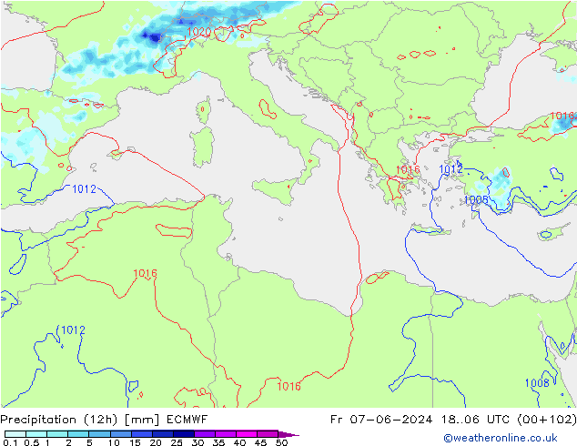 Totale neerslag (12h) ECMWF vr 07.06.2024 06 UTC