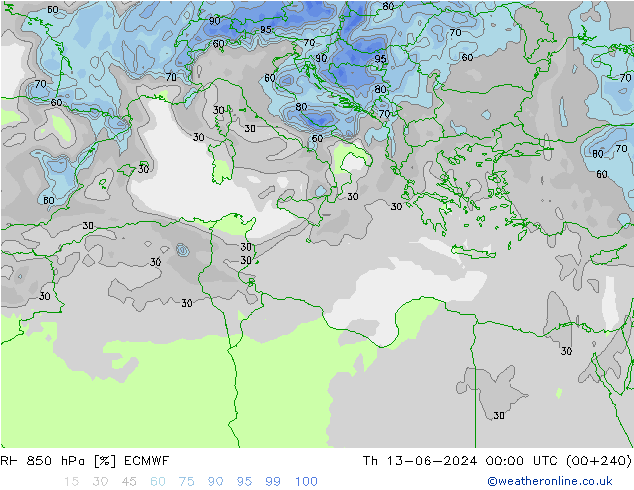 Humidité rel. 850 hPa ECMWF jeu 13.06.2024 00 UTC