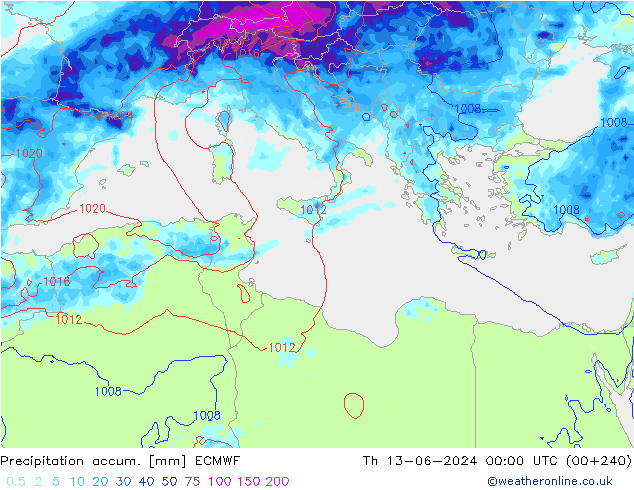 Precipitation accum. ECMWF gio 13.06.2024 00 UTC