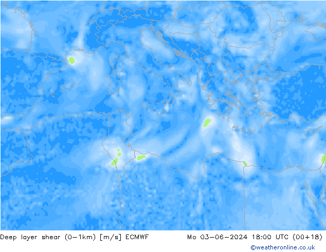 Deep layer shear (0-1km) ECMWF Po 03.06.2024 18 UTC