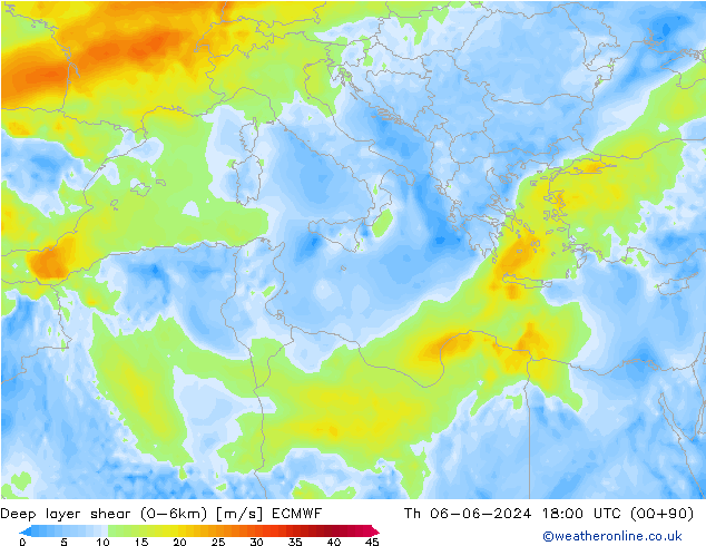 Deep layer shear (0-6km) ECMWF Th 06.06.2024 18 UTC