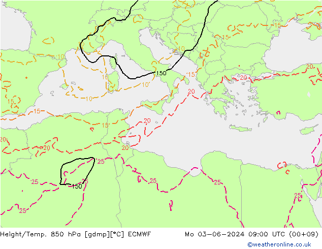 Height/Temp. 850 гПа ECMWF пн 03.06.2024 09 UTC