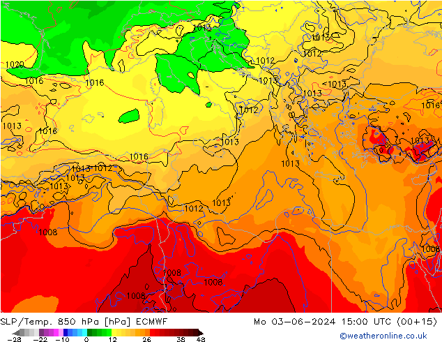 SLP/Temp. 850 hPa ECMWF Mo 03.06.2024 15 UTC