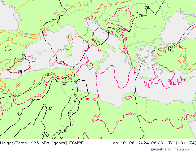 Height/Temp. 925 hPa ECMWF Mo 10.06.2024 06 UTC