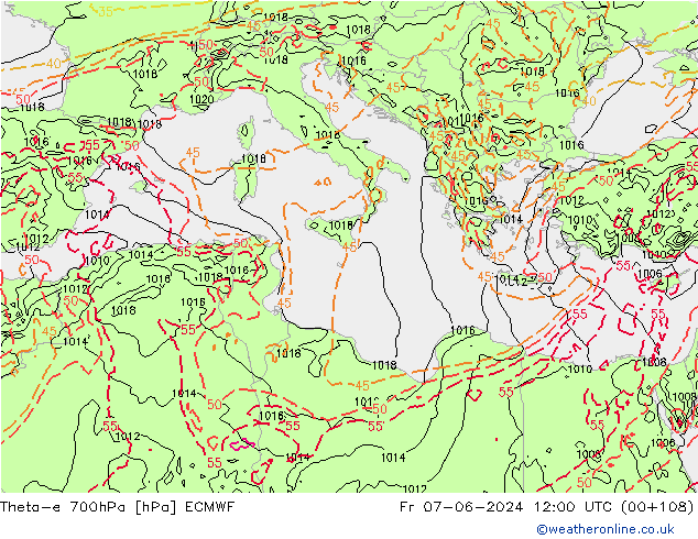 Theta-e 700hPa ECMWF Fr 07.06.2024 12 UTC