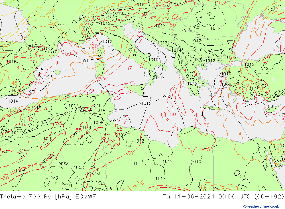 Theta-e 700hPa ECMWF Di 11.06.2024 00 UTC