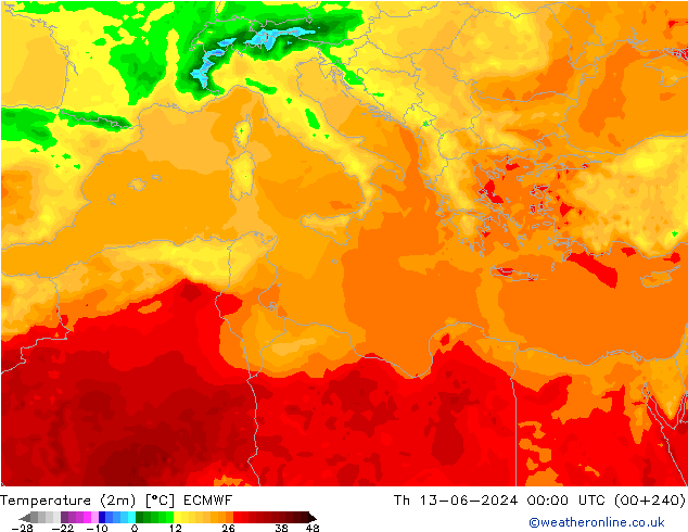 Temperatura (2m) ECMWF gio 13.06.2024 00 UTC