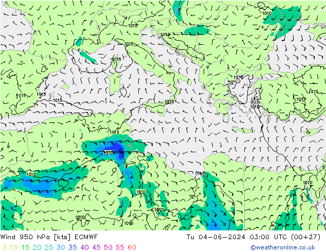 Wind 950 hPa ECMWF Út 04.06.2024 03 UTC
