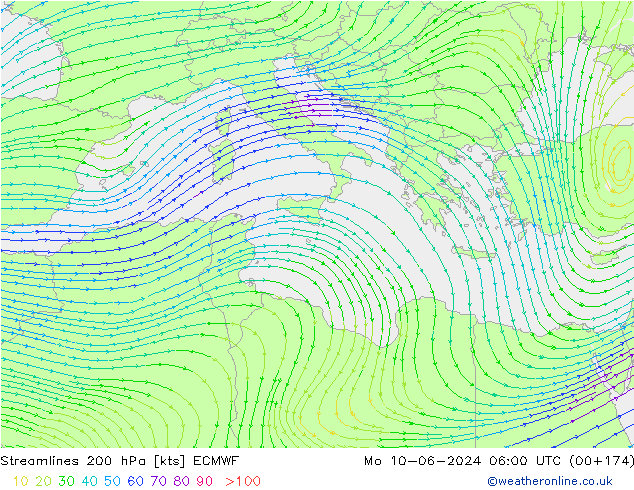 ветер 200 гПа ECMWF пн 10.06.2024 06 UTC