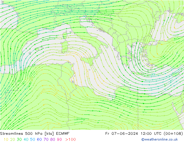 Linia prądu 500 hPa ECMWF pt. 07.06.2024 12 UTC