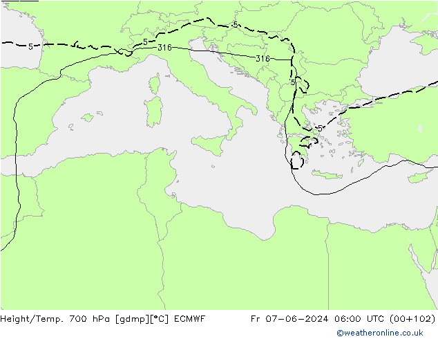 Hoogte/Temp. 700 hPa ECMWF vr 07.06.2024 06 UTC