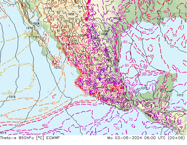 Theta-e 850hPa ECMWF lun 03.06.2024 06 UTC