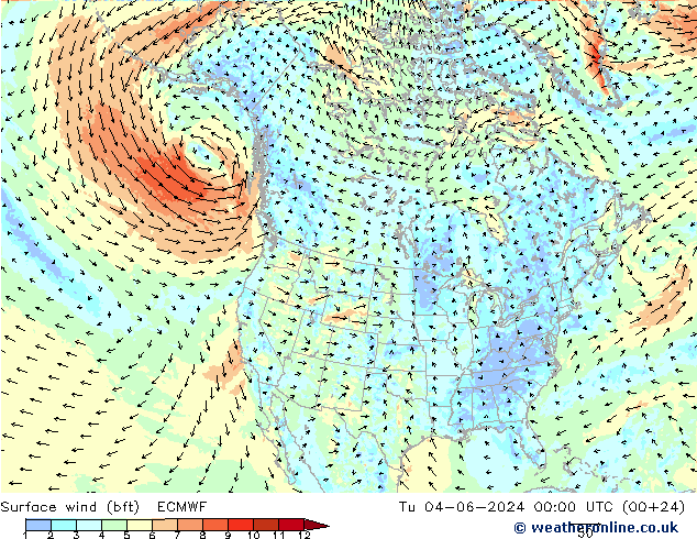 Bodenwind (bft) ECMWF Di 04.06.2024 00 UTC