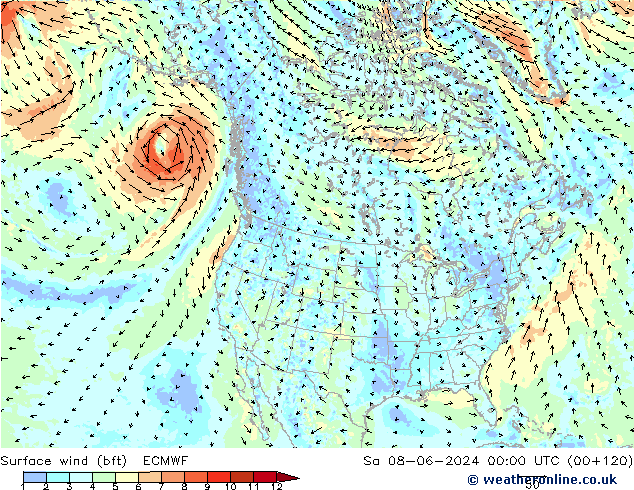 ве�Bе�@ 10 m (bft) ECMWF сб 08.06.2024 00 UTC