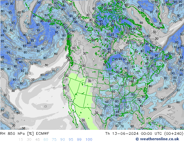 RH 850 hPa ECMWF Th 13.06.2024 00 UTC