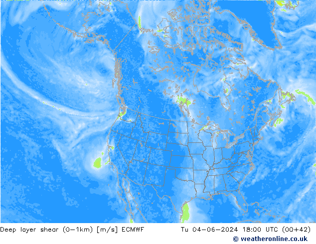 Deep layer shear (0-1km) ECMWF Tu 04.06.2024 18 UTC