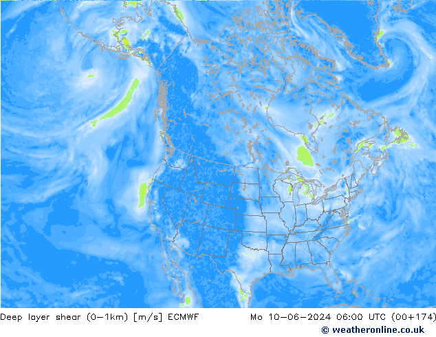 Deep layer shear (0-1km) ECMWF Mo 10.06.2024 06 UTC