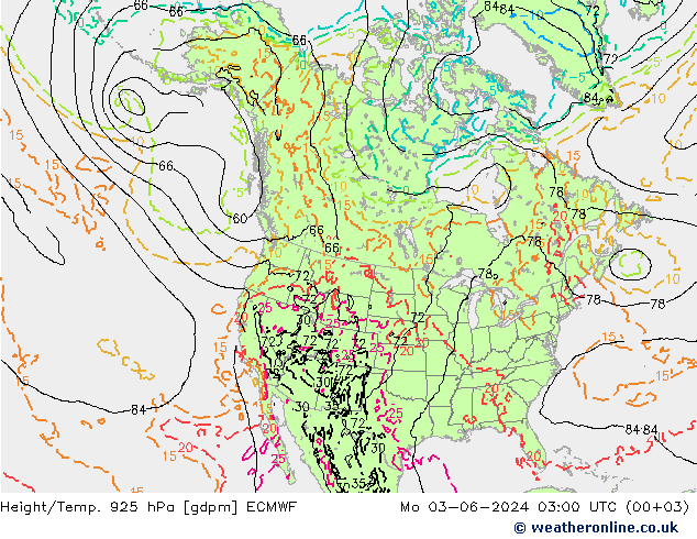 Height/Temp. 925 hPa ECMWF pon. 03.06.2024 03 UTC